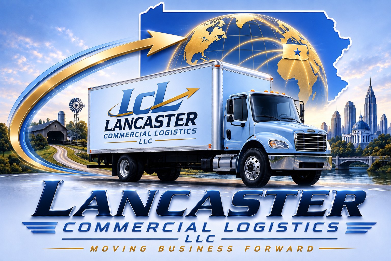 Lancaster Commercial Logistics box truck with Pennsylvania outline and global freight network