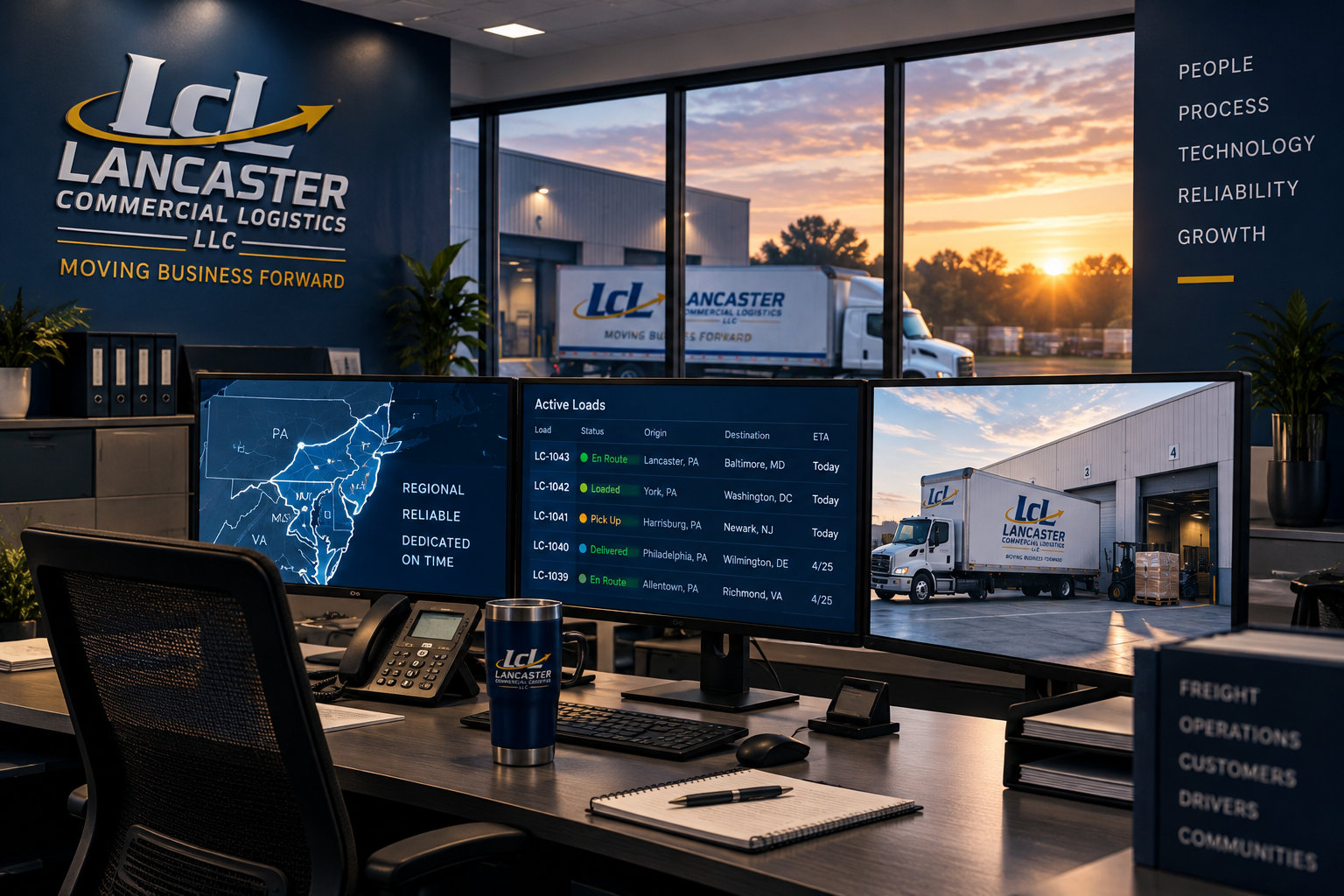 Lancaster Commercial Logistics dispatch operations center showing a live Mid-Atlantic coverage map, an active loads status board, and an LCL box truck at a loading dock
